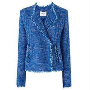 LK Bennett Lola Fringe Tweed Moto Blazer Jacket True Blue Academia Quiet Luxury